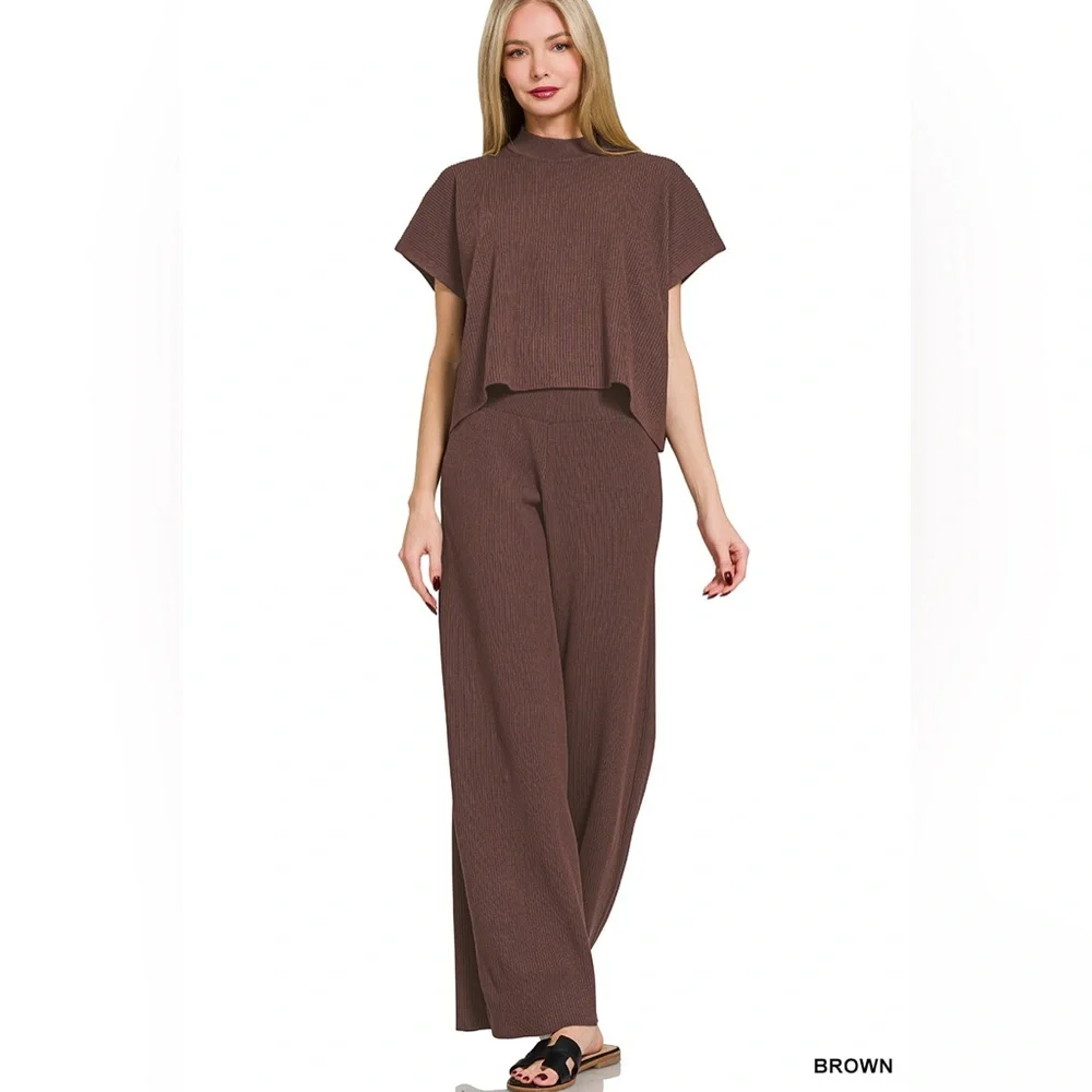 NEW Zenana Brown Viscose Ribbed Matching Set Top & High Rise Pants Size Medium